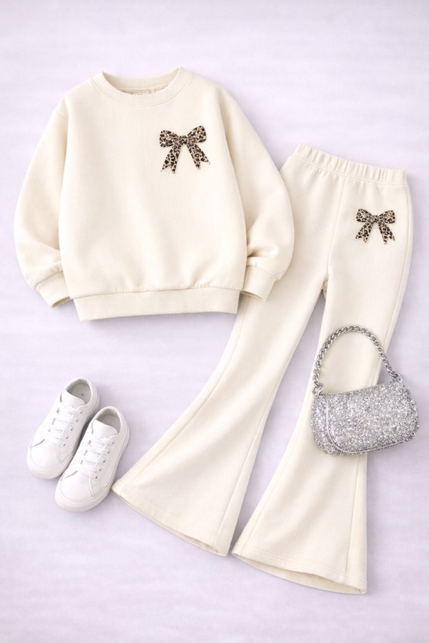 Girl's Beige-Black Hearts Printed Crew Neck Spanish Style Outfit