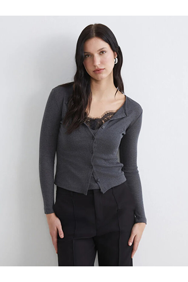 Anthracite Crew Neck Lace Detailed Women's Bodysuit