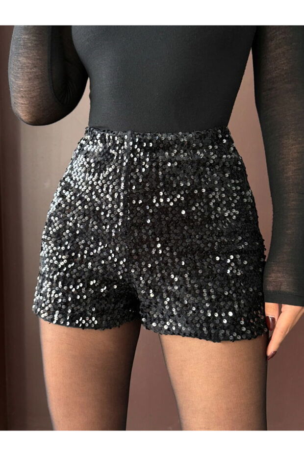 Siyah Pullu Kadife Şort Modern Premium Luxury Trend Tasarım Şort - 4