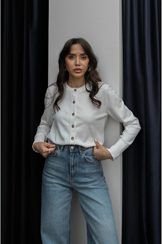 Ekru Rickles Düğmeli Basic Hırka - 1