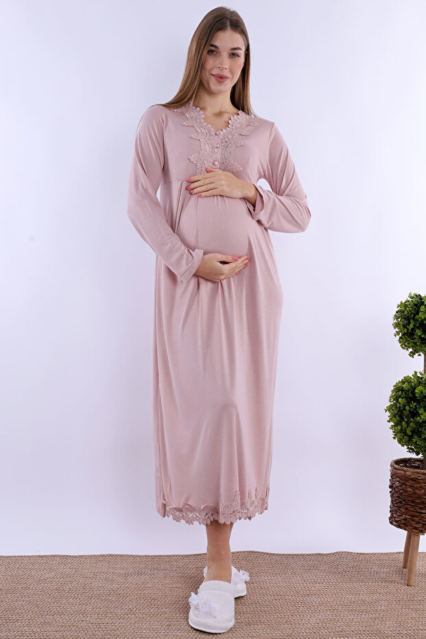 Cotton Maternity Nightgown with Breastfeeding Feature - Dried Rose