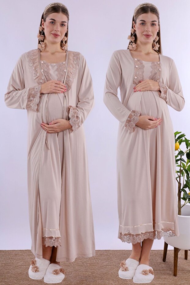 Comfortable Cut Cotton Dressing Gown Maternity Nightgown Set Effortt - Beige