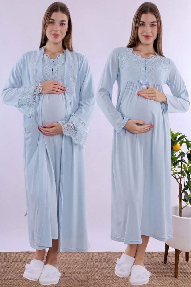Cotton Pajama Maternity Nightgown Set – Maternity Nightgown with Breastfeeding Feature - Blue