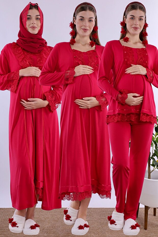 Maternity Set with Hijab and Breastfeeding Features - 5 Piece Effortt - Cherry