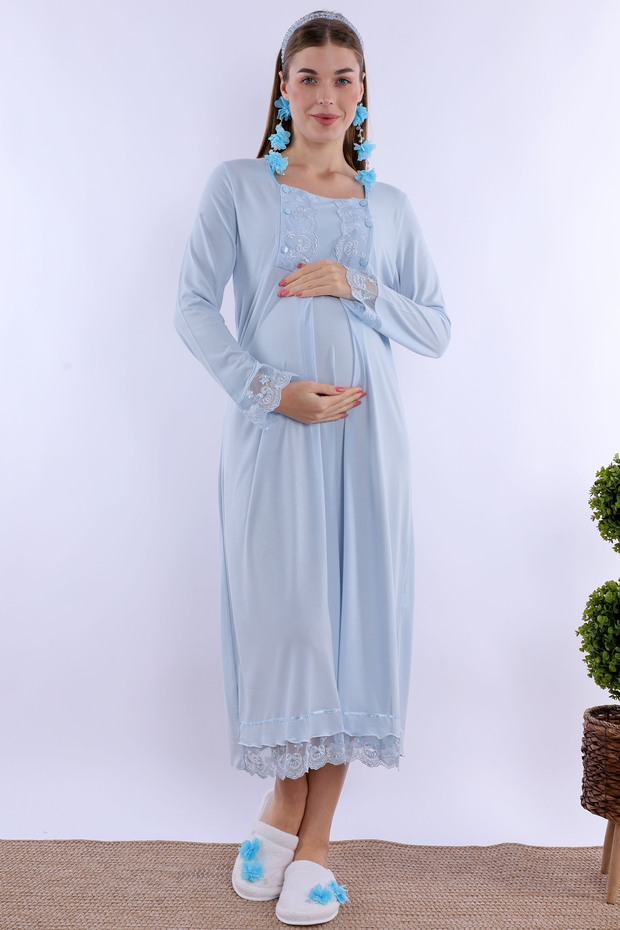 Cotton Maternity Nightgown with Breastfeeding Feature Effortt - Blue