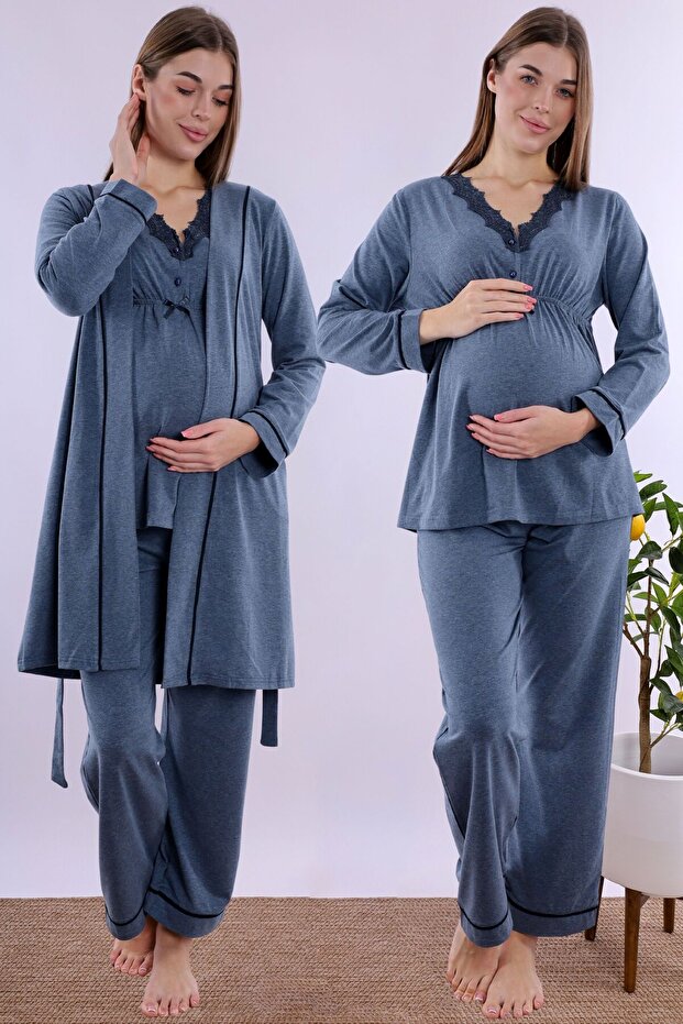Effortt Indigo Maternity Pajama Set with Dressing Gown