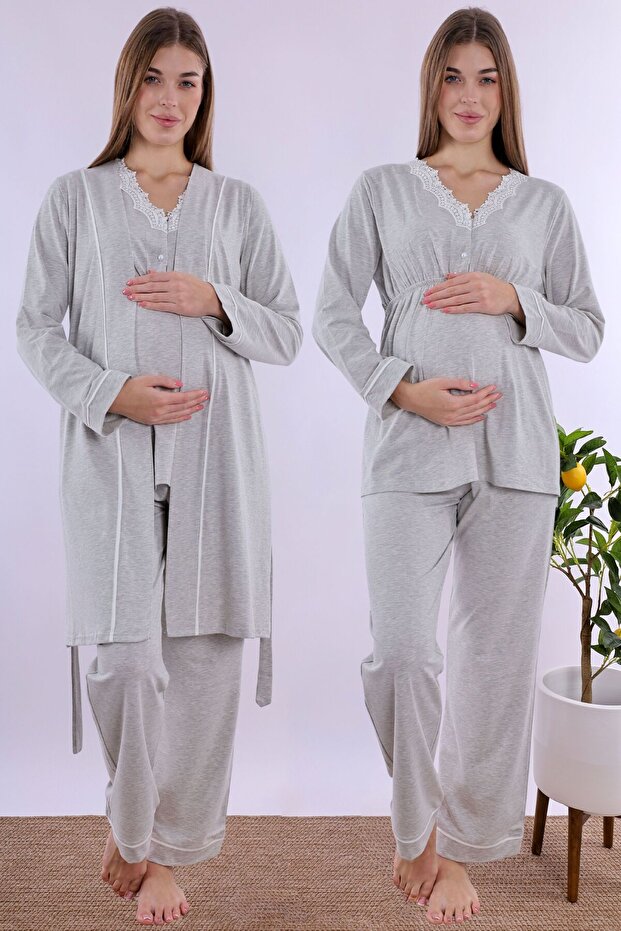 Effortt Light Gray Maternity Pajama Set with Dressing Gown