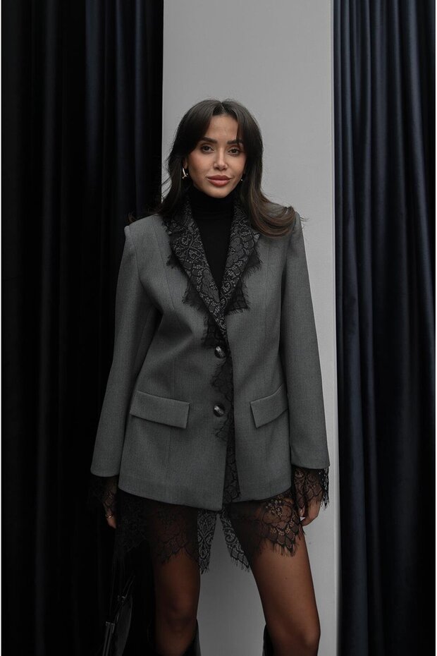 Gray Lace Detail Blazer Jacket