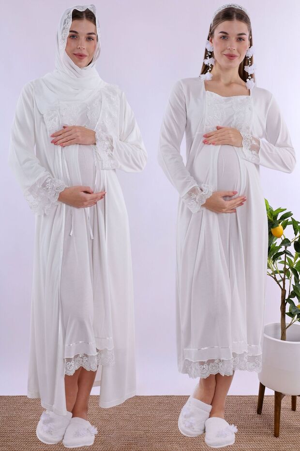 Soft Textured Maternity Nightgown Set with Hijab Effortt - Ecru