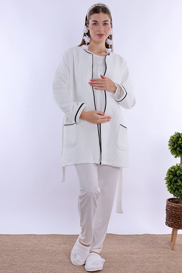 Ecru Quilted Robe Maternity Pajama Set Effortt