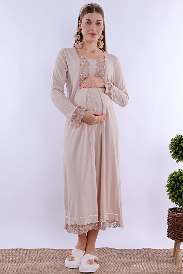 Cotton Maternity Nightgown with Breastfeeding Feature Effortt - Beige