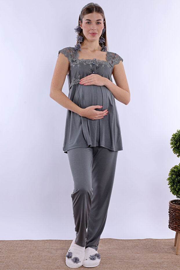 Cotton Comfortable Cut Maternity Pajama Set with Breastfeeding Feature Effortt - Smoked