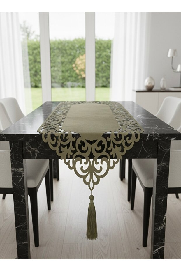 Hürrem Model Velvet Fabric Tulle Detailed Tasseled Decorative Tablecloth Runner