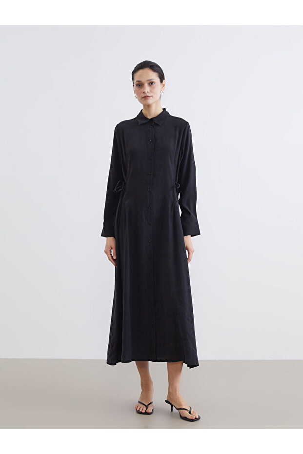 Black tie-waist modal blend shirt dress