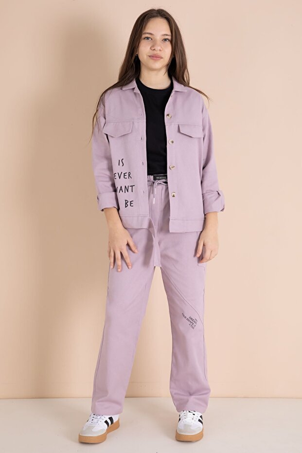 Pink Text Detail Shirt Girls' Pants Gabardine Set 23564
