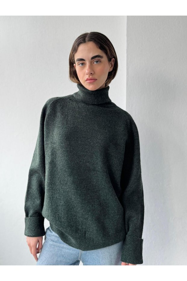 High-Necked Long Knit Sweater for Women in Dark Green