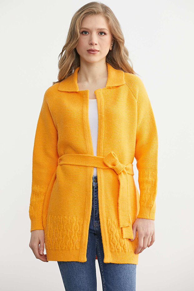 Polo Collar Belted Wool Knitwear Cardigan - Orange