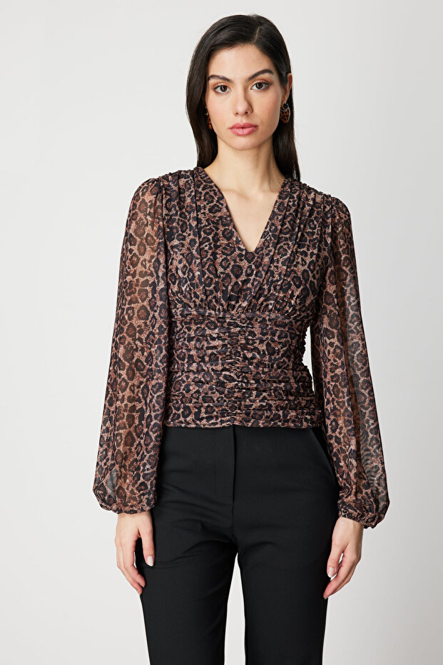 V-Neck Patterned Chiffon Blouse - 1