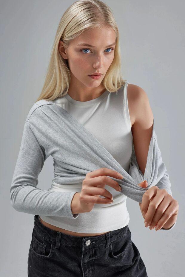 Soft Touch Bisiklet Yaka Uzun Kollu Çift Katmanlı Örme Bluz - 3