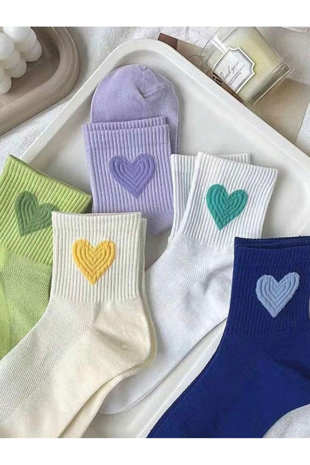 Economical Pack of 5 Heart Patterned Women's Tennis Socks Set
