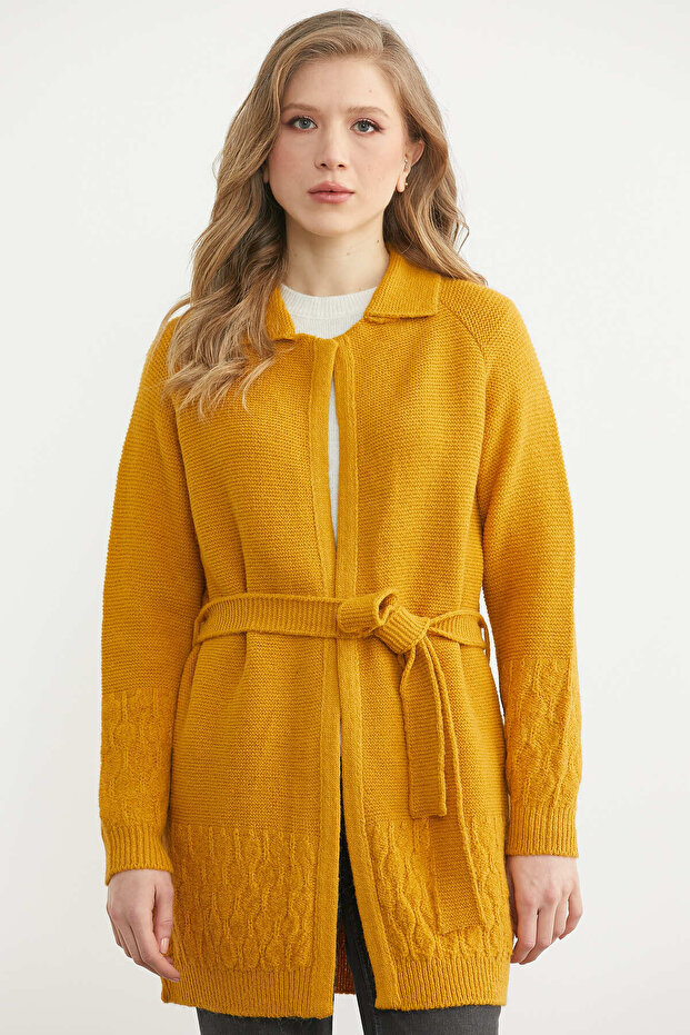 Polo Collar Belted Wool Knitwear Cardigan - Mustard