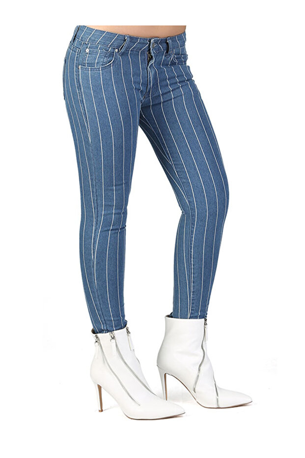 Women Skinny Side Tape Jeans In Light Blue