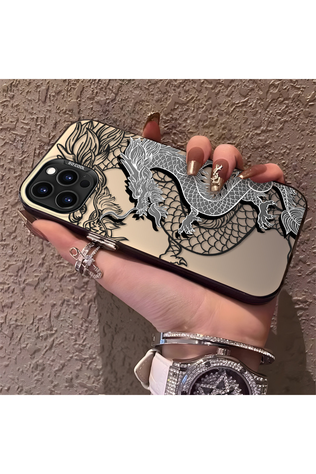 iPhone 14 Pro Compatible High-Quality Chinese Style Black and White Dragon Printed Case