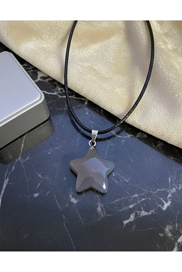 Agate Natural Stone Star Cut Leather Cord Necklace