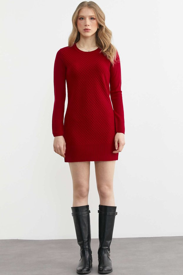 Honeycomb Motif Crew Neck Knitwear Dress - Red