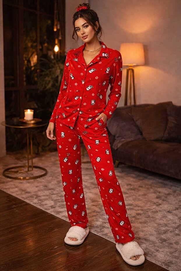 طقم بيجامة من قماش السويد المنقوش - 2