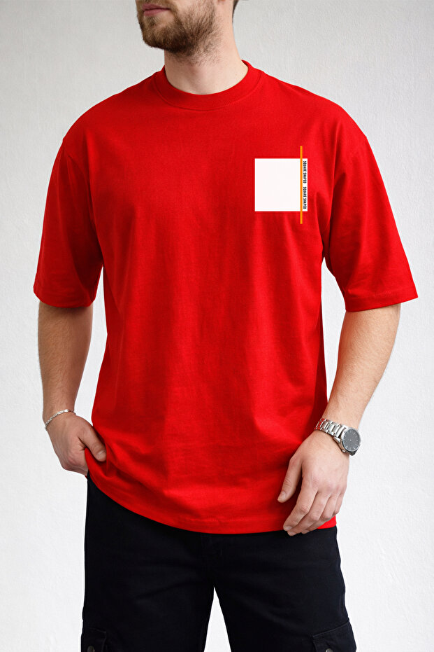 Men's Chest Printed Black T-Shirt with Square and Orange Line Detail