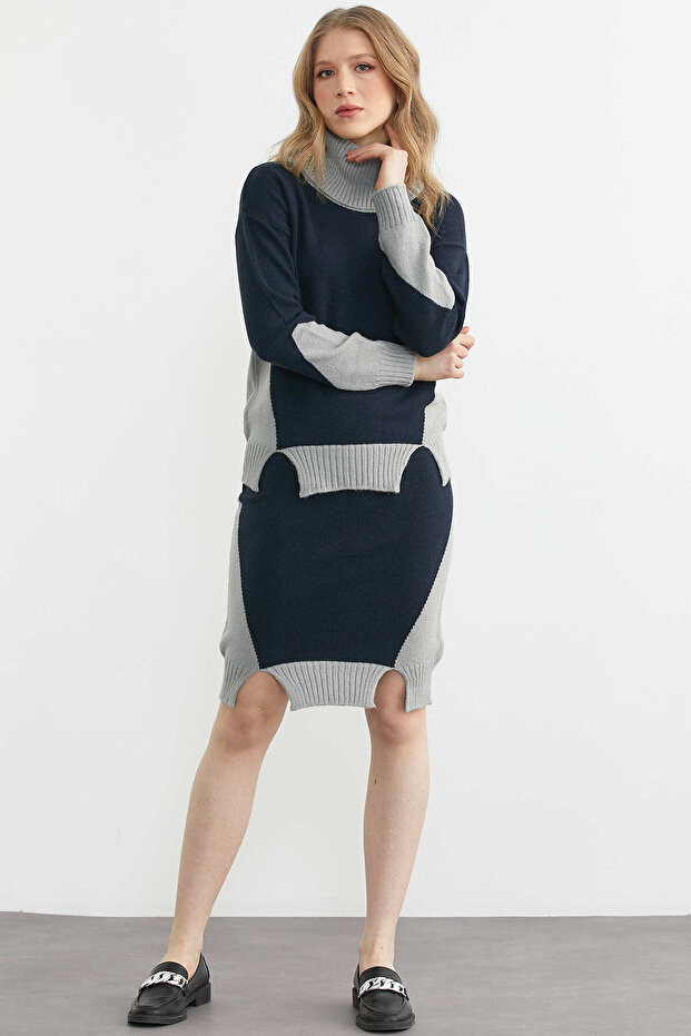 Full Fisherman Sweater Skirt Knitwear Set - Light Gray - Navy Blue