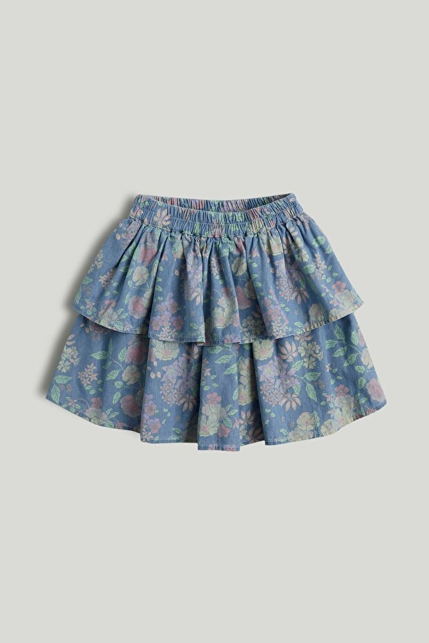 Blue Floral Layered Midi Skirt