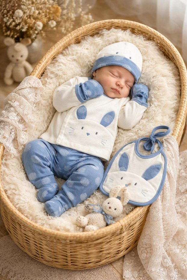 5 Piece Cotton Newborn Baby Boy Hospital Discharge Bodysuit Set (Boxed) 0-3 Months