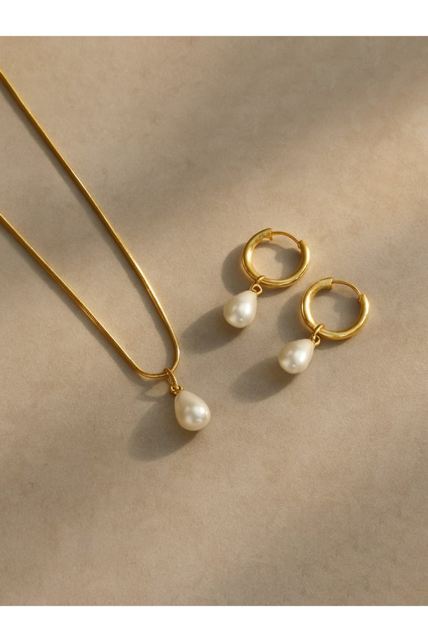 Gold 3pc Stainless Steel Waterproof And Non-Fading Stylish Women's Water Droplet Pearl Hoop Earrings