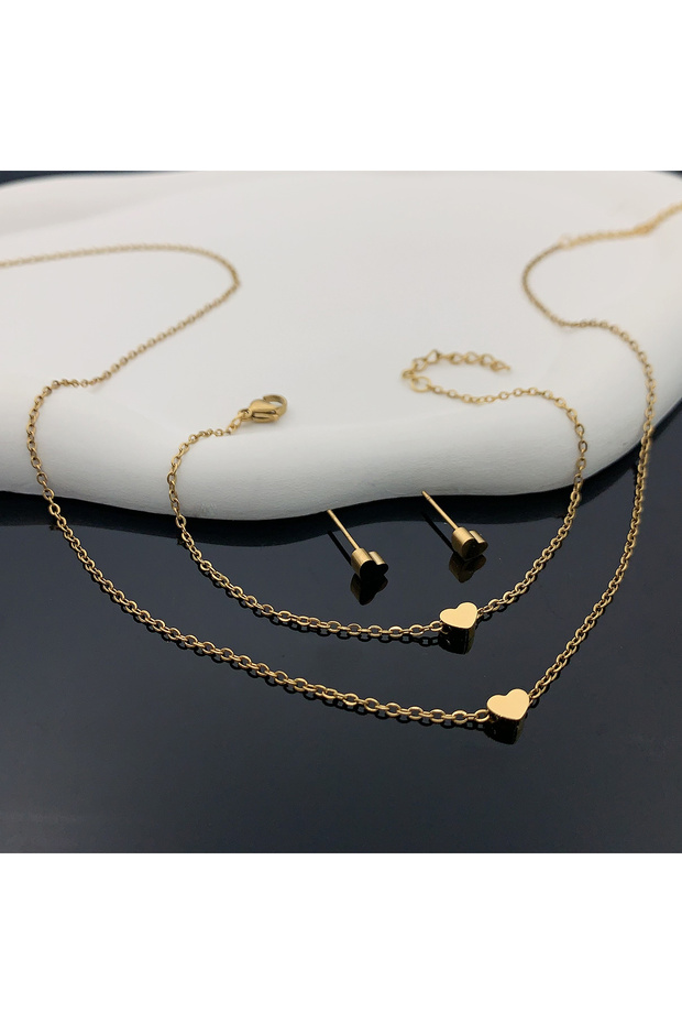 45cm SILVER 4-Piece Fashion Girl Love Stainless Steel Pendant Necklace Heart Bracelet Heart Stud Ear