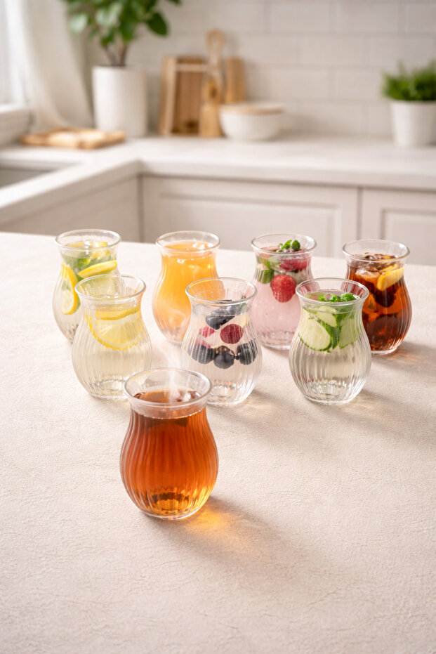 Set of 8 200 ml Borosilicate Line Patterned Glass Diamond Cups Heat Resistant Transparent Kw-721