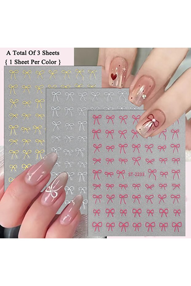 SetAB (3 Sheets) 2 to 30 Sheets 3D Bow Nail Art Stickers, Mini Ribbon Outline Decals, Transparent Se