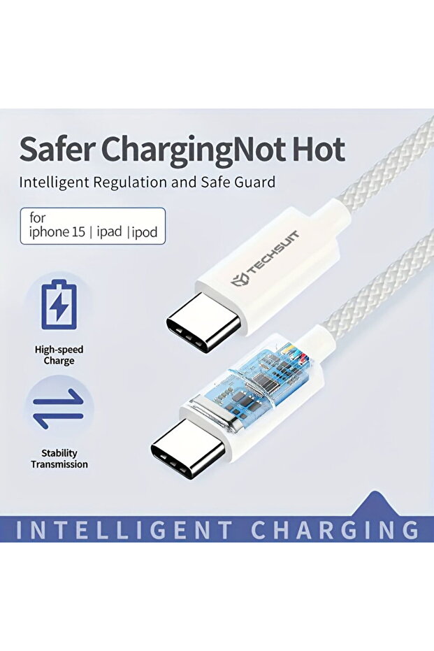 Type-C data cable for Apple, Android, PD60W, Super Fast Charging, 1m - (PCB114D) - White - 3