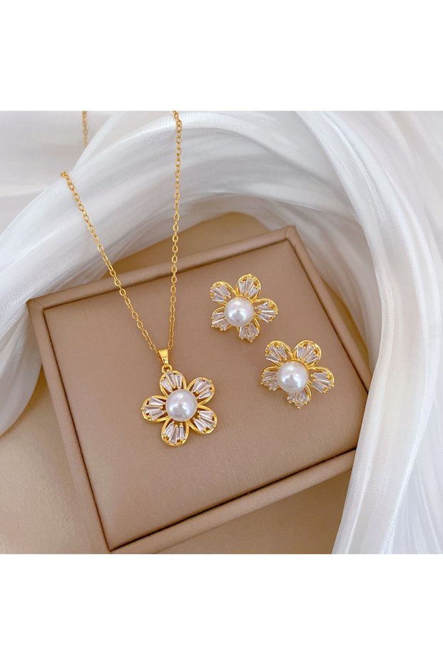 N2983 E6141 DIEYURO 316L Stainless Steel Steell Zircon Five Leaf Flowers Pearl Pendant Necklace Earr