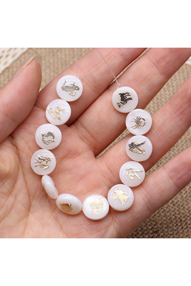 12mm White 12mm White Round 12 Zodiac Signs Natural Shell Semi-Finished Beads for Jewelry Making Sup