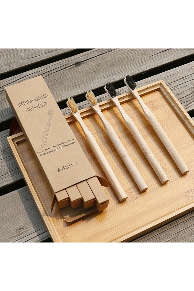 4pcs in carton 4pcs Bamboo Toothbrushes Wooden Cylindrical Toothbrush with Extra Soft Bristles Sensi
