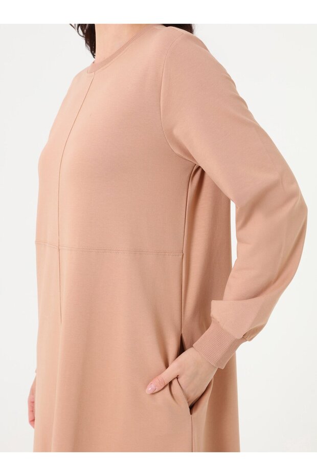 Cep Detaylı Basic Tesettür Elbise - Koyu Krem - - 4
