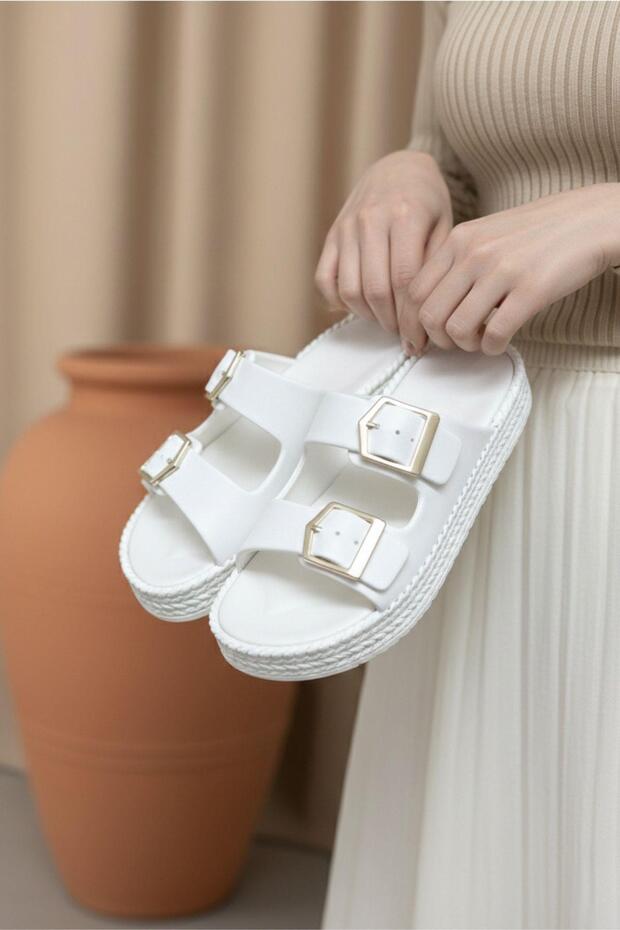 Lovi Z044 Metal Buckle Detailed Platform Sole Women's Slippers Urban Style