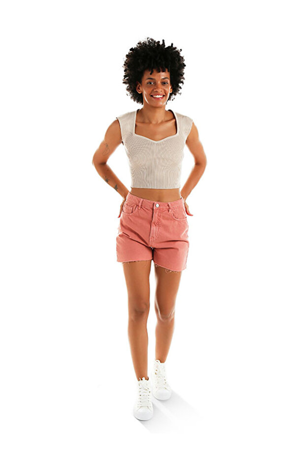 Women Orange Raw Hem Denim Shorts