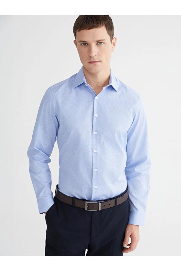 Blue Slim Fit Patterned Gabardine Men's Shirt (S6)