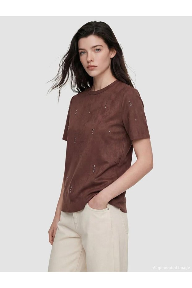 Black Crew Neck Women's Suede Look T-Shirt with Stones (S6)