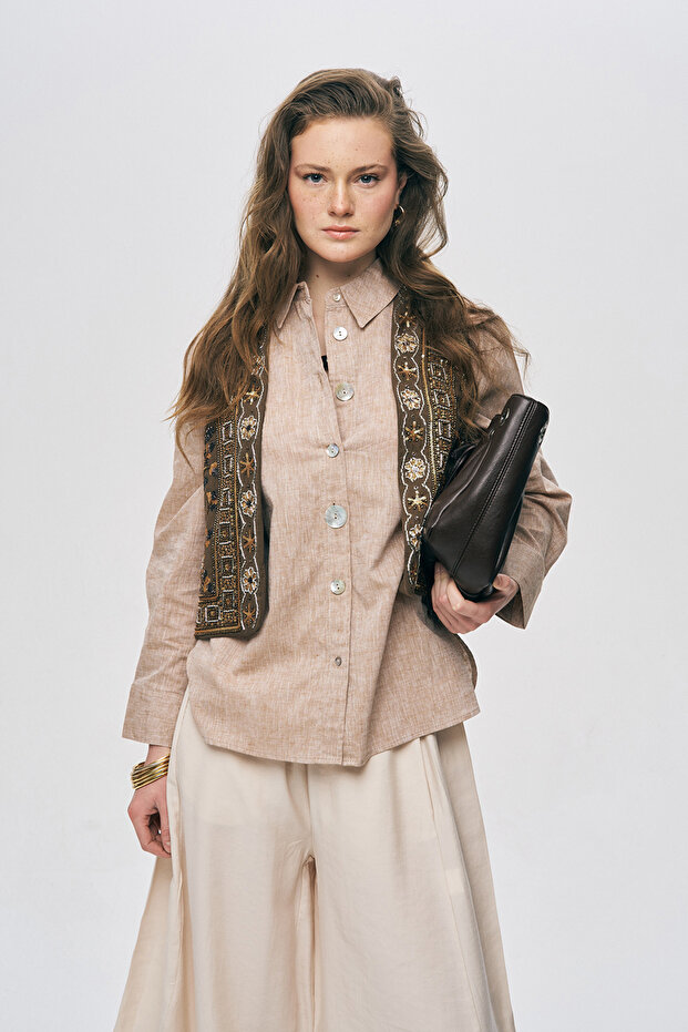 Women's Cotton-Linen Blend Buttoned Detailed Solid Color Shirt