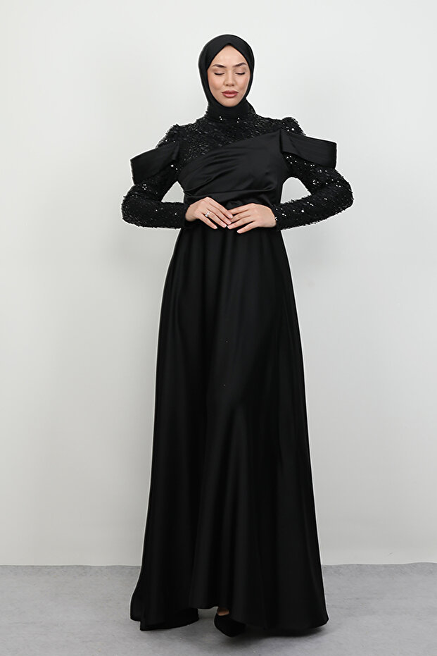 Kolu Drapeli Pullu Abiye Siyah - 4