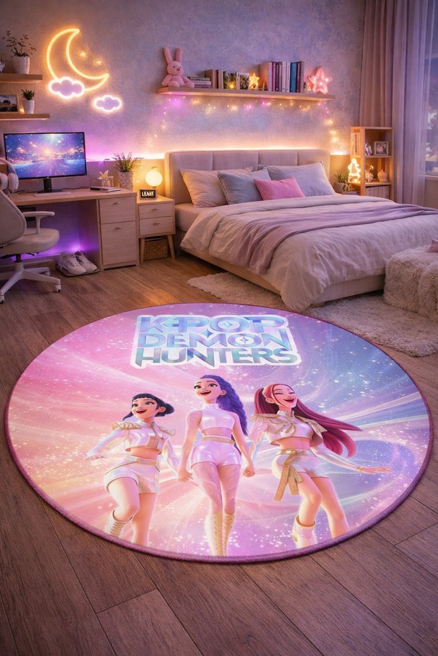 Non-Slip Base K-Pop Demon Hunters Themed Machine Washable Teen Room Carpet 100X100